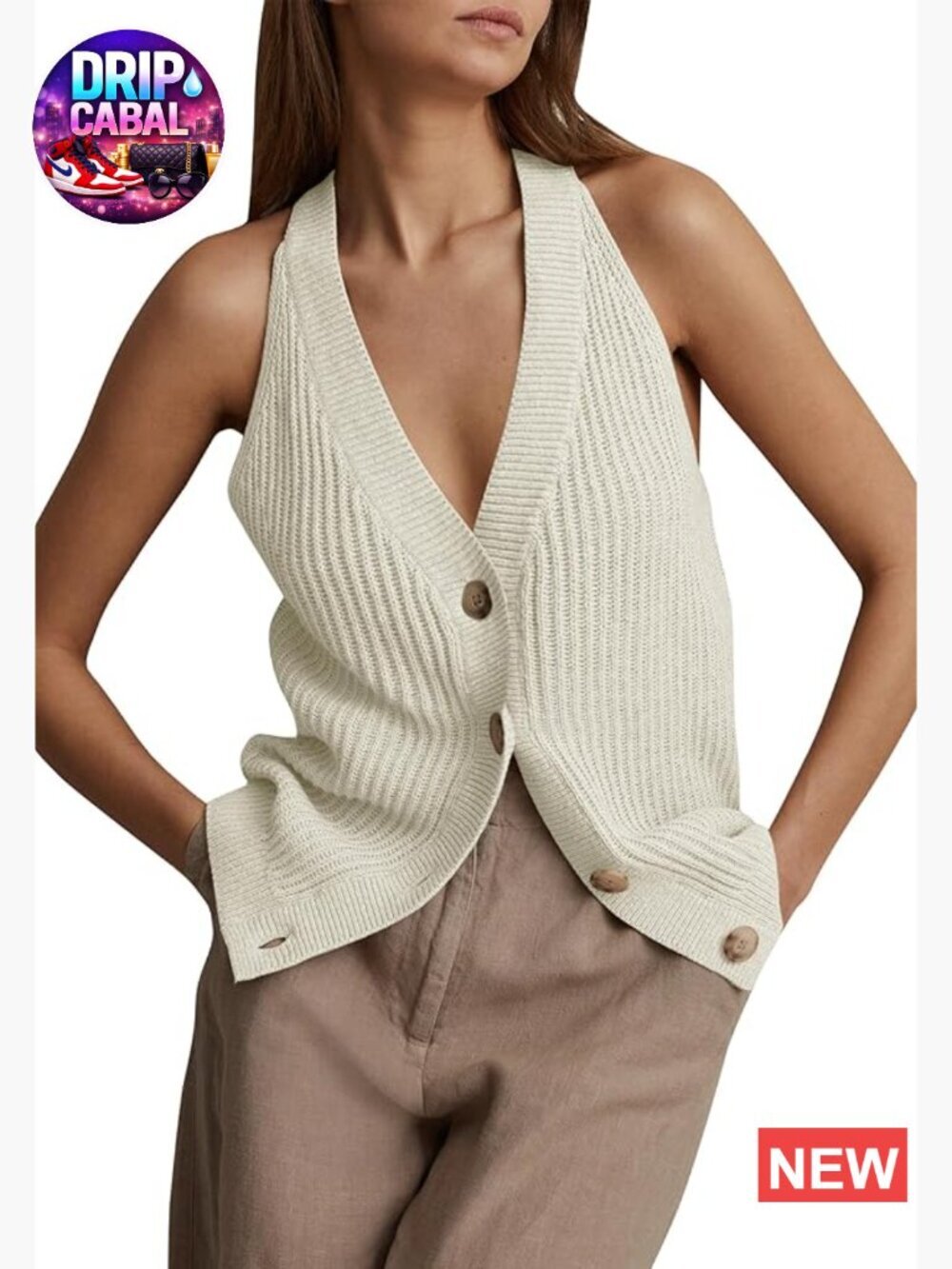 Button-Front Sleeveless Knit Sweater Vest Top V Neck Racerback Cardigan